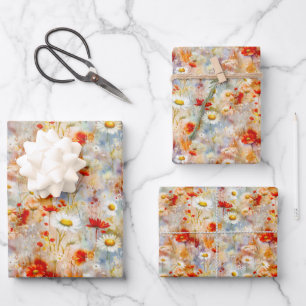 Wildflower Meadow Red Poppies Daisies Inpakpapier Vel