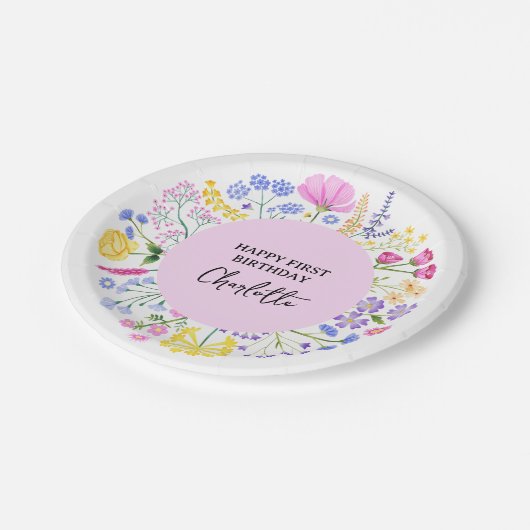 Wildflower Meisjes 1e Verjaardag Bloemen Krans Papieren Bordje (Gekanteld)