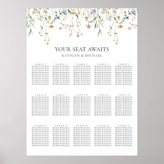 Wildflower minimalistisch bruiloft 15 tafel zitpla poster (Voorkant)