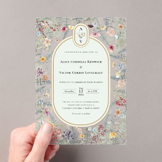 Wildflower Mint Groen Bruiloft Monogram Acryl Uitnodigingen (Insitu (Draagbaar))