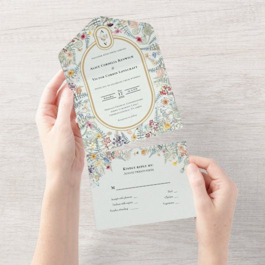 Wildflower Mint Groen Bruiloft Monogram All In One Uitnodiging (Afscheurbaar)