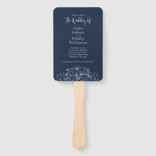 Wildflower Navy Wit Botanisch Bloemen Programma Handwaaier (Voorkant)