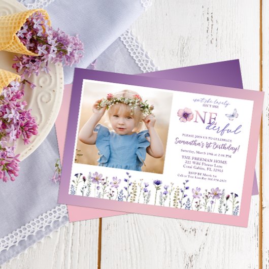 Wildflower Onederful 1e verjaardag foto uitnodigen Kaart