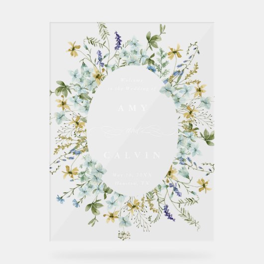 Wildflower Ovaal Krans Lijst bruiloft Welkom Acryl Bord (Voorkant)