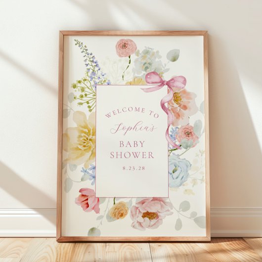 Wildflower Pink Bow Baby shower Welkom Poster