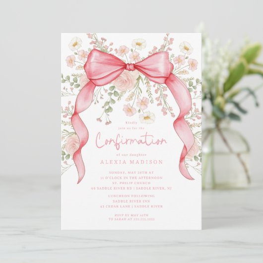 Wildflower Pink Bow doop uitnodiging (Staand voorkant)