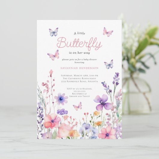 Wildflower Pink Butterfly Floral Baby shower Kaart (Staand voorkant)