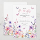 Wildflower Pink Butterfly Floral Baby shower Kaart (Voorkant / Achterkant)