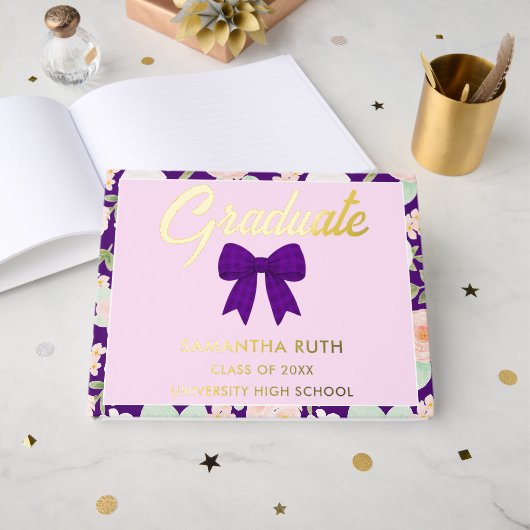 Wildflower Purple Gingham Bow Graduation Party (Recto ouvert)