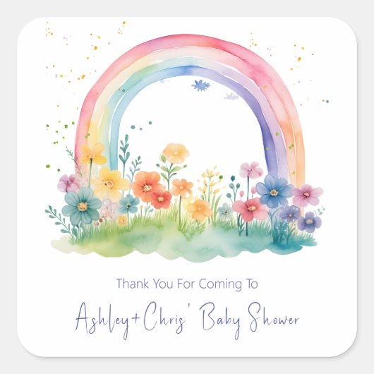 Wildflower Rainbow Baby Meisje Douche Vierkante Sticker (Voorkant)