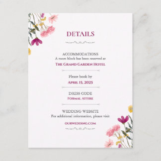 Wildflower Romance Trouwkaart Details | Roze Bloem Informatiekaartje