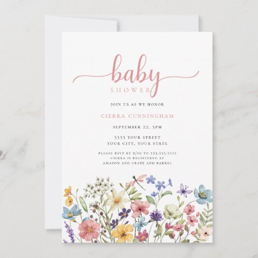 Wildflower Roze Baby shower Invitation Kaart (Voorkant)
