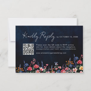 Wildflower Rustic Country Boho Floral Navy QR-code RSVP Kaartje