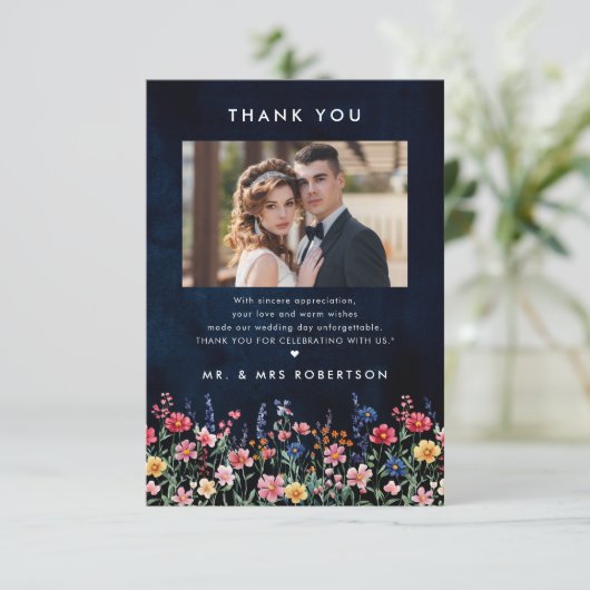Wildflower Rustic Country Boho Floral Navy Wedding Bedankkaart (Staand voorkant)