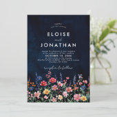 Wildflower Rustic Country Boho Floral Navy Wedding Kaart (Staand voorkant)