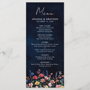 Wildflower Rustic Country Boho Floral Navy Wedding Menu
