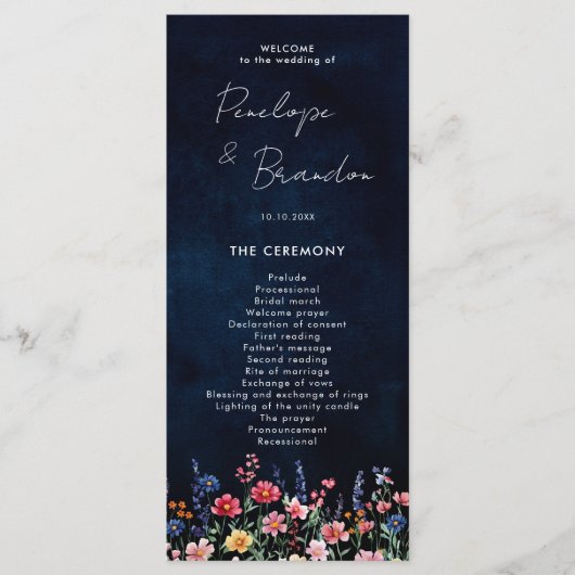 Wildflower Rustic Country Boho Floral Navy Wedding Programma (Voorkant)