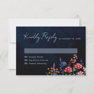 Wildflower Rustic Country Boho Floral Navy Wedding RSVP Kaartje