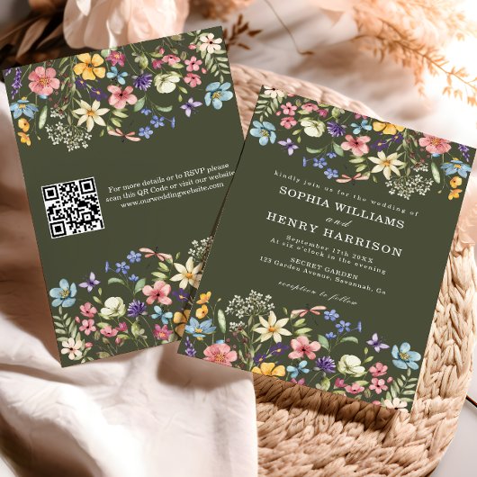 Wildflower Rustic Country Green Wedding QR-code Kaart