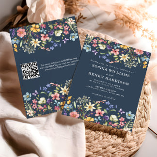 Wildflower Rustic Navy Blue Wedding QR-code Kaart
