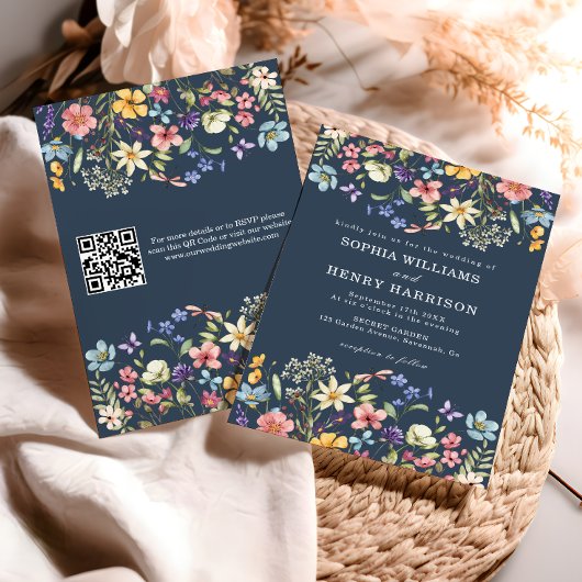 Wildflower Rustic Navy Blue Wedding QR-code Kaart