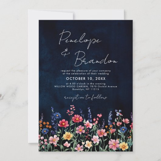 Wildflower Rustic QR Code Floral Navy Wedding Kaart (Voorkant)