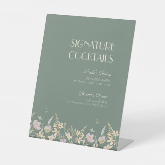 Wildflower Sage Deco Bruiloft Cocktail Menu Reclamebord Met Voetstuk (Voorkant)