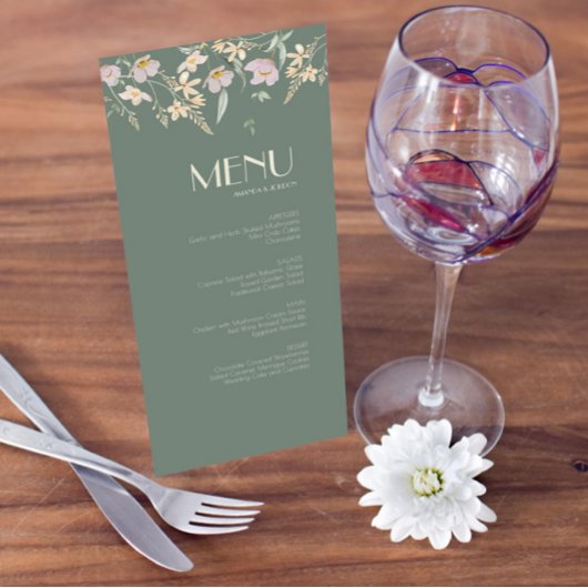 Wildflower Sage Deco Bruiloft Diner en Drink Menu