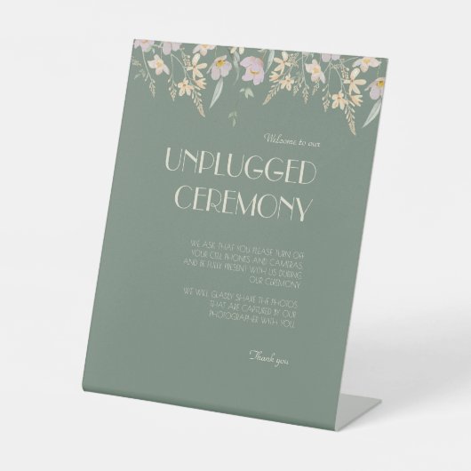 Wildflower Sage Deco Bruiloft Unplugged Ceremonie Reclamebord Met Voetstuk (Voorkant)