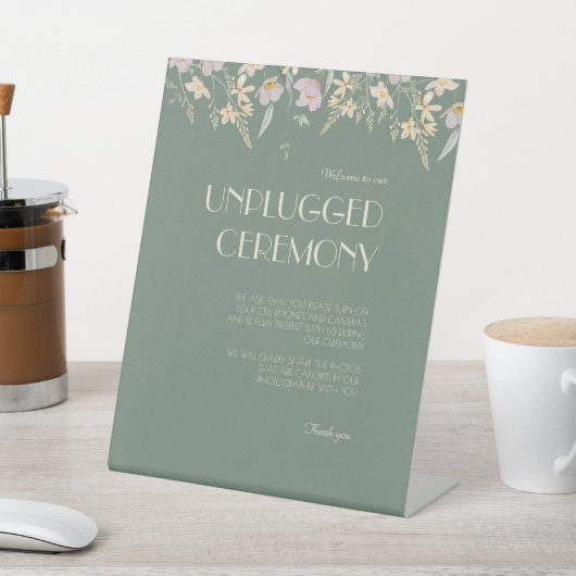 Wildflower Sage Deco Bruiloft Unplugged Ceremonie Reclamebord Met Voetstuk (Insitu)