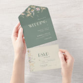 Wildflower Sage Deco Wedding All In One Uitnodiging (Afscheurbaar)