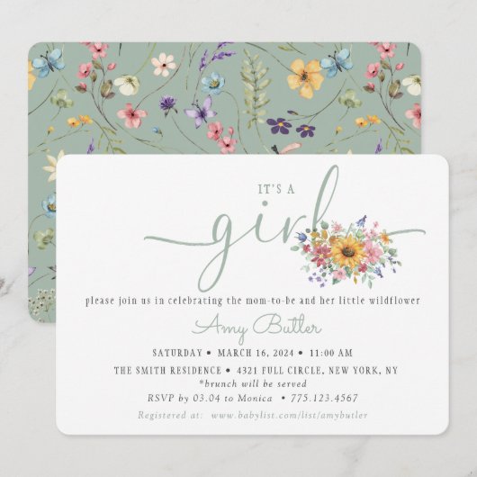 Wildflower Solid Green Shower Book Invitation (Devant / Derrière)