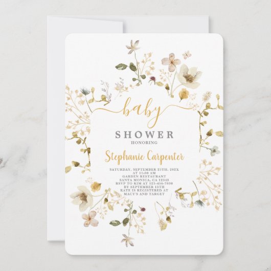Wildflower Spring Baby shower Girl Invitation Kaart (Voorkant)
