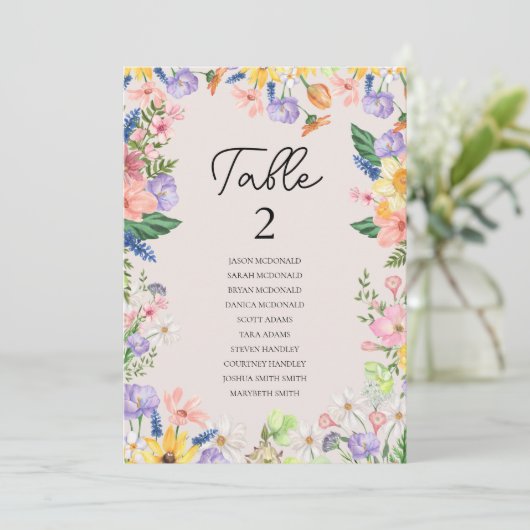 Wildflower Spring Trouwtafel Zitting Grafiek Kaart (Staand voorkant)
