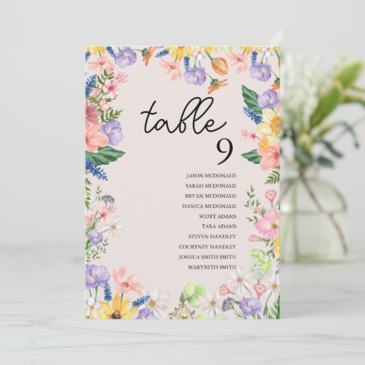 Wildflower Spring Trouwtafel Zitting Grafiek Kaart (Staand voorkant)