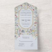 Wildflower Stoffig Blauw Bruiloft Monogram All In One Uitnodiging (Binnen)