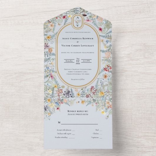  Wildflower Stoffig Blauw Bruiloft Monogram All In One Uitnodiging (Binnen)