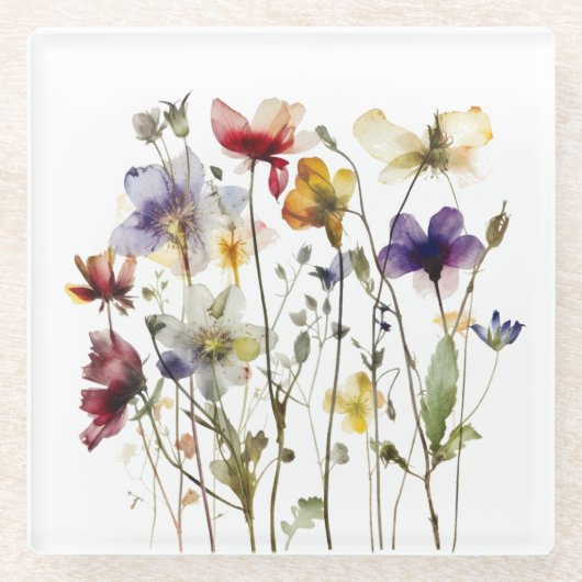 Wildflower Symphony: levendige Waterverf kunst Glazen Onderzetter (Voorkant)