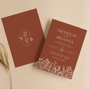 Wildflower Terracotta Minimalistische Bruiloft Mon Kaart