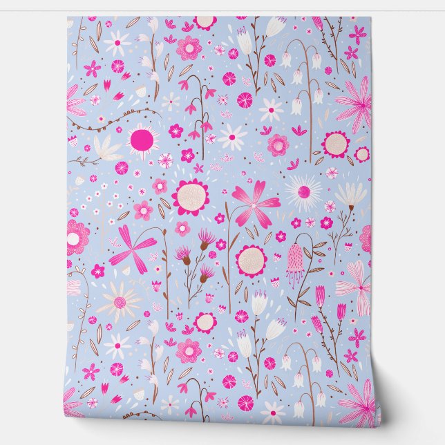 Wildflower Tuin Blauw Roze Bloem Behang (Afrollen)