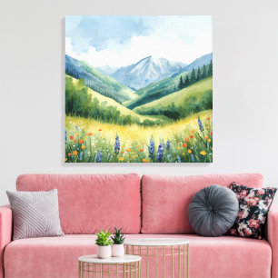 Wildflower Valley Landscape – Serene Waterverf PR Canvas Afdruk