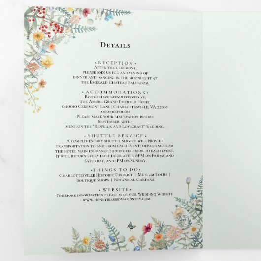 Wildflower Varen Mint Groen Bruiloft Drieluik Uitnodiging (Binnenzijde eerst)