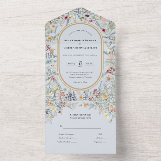  Wildflower Varen Stoffig Blauw Bruiloft All In One Uitnodiging (Binnen)