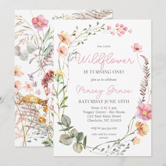 Wildflower Verjaardag uitnodiging, Kleine Wildbloe Kaart (Voorkant / Achterkant)