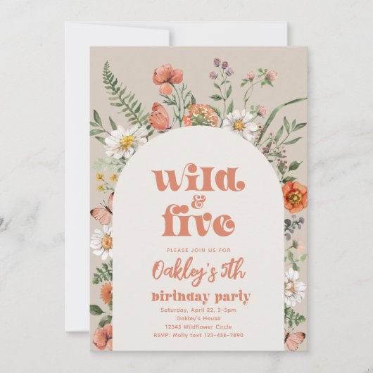 Wildflower Vijfde Verjaardag Feest Uitnodiging (Voorkant)
