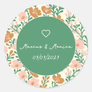 Wildflower Vines Roze Groen Elegant Huwelijk Custo Ronde Sticker