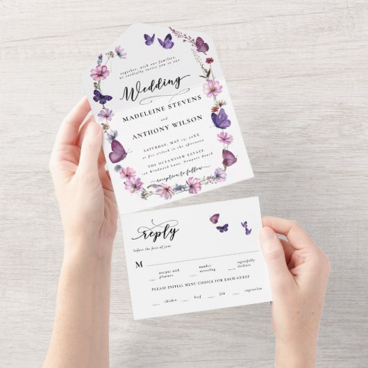 Wildflower vlinder romantische tuin party bruiloft all in one uitnodiging (Afscheurbaar)