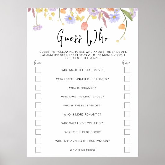 Wildflower Vrijgezellenfeest Raad eens wie games Poster (Voorkant)