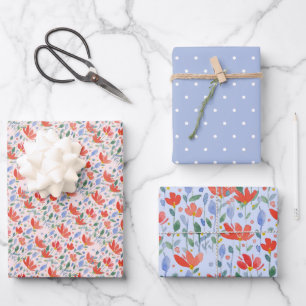 Wildflower Waterverf in zoet rood en blauw Inpakpapier Vel