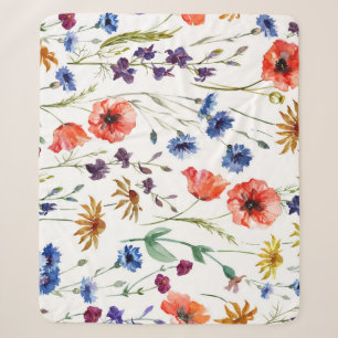 Wildflower Waterverf Poppy Kamille Achtergrond Sherpa Deken
